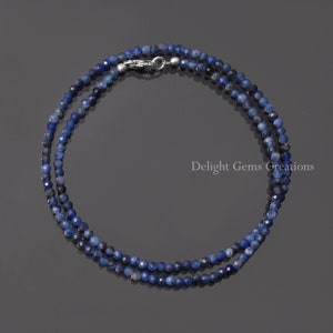 Natural Sodalite Faceted Round Beads Necklace, 3mm Sodalite Round Bead Necklace, Sodalite Jewelry, Blue Minimalist Layering Silver Necklace