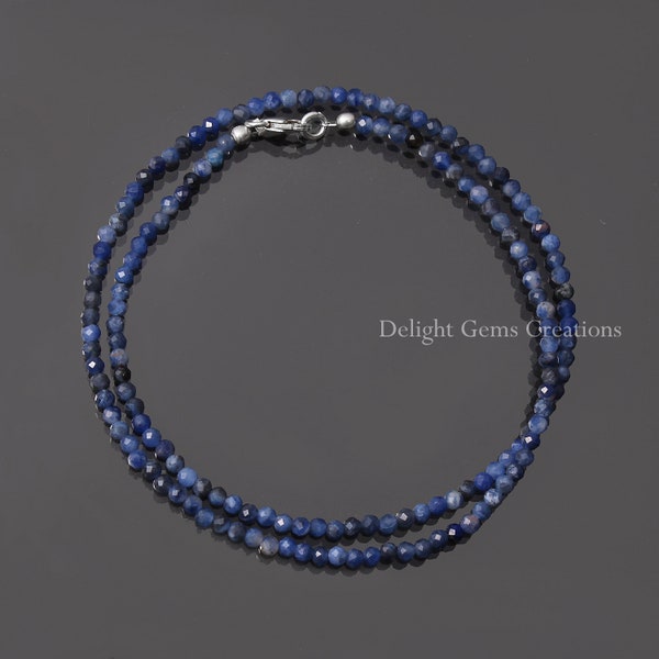 Natürliche Sodalith facettierte runde Perlenkette, 3mm Sodalith runde Perlenkette, Sodalith Schmuck, Blaue Minimalist Layering Silberhalskette