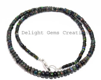 Black Ethiopian Opal Rondelle Bead Necklace, Multi-Fire Gemstone, 18 Inch