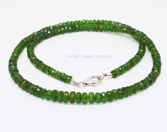 Natural Chrome Diopside Beaded Necklace,3mm-4.5mm Faceted Chrome Diopside Necklace,Sterling Silver Green Chrome Necklace 18", Gift For Her