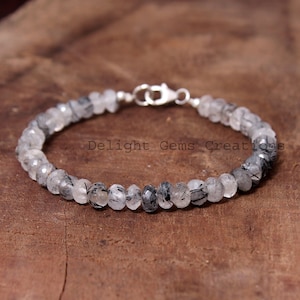 Black Rutile Bracelet, Black Rutilated Quartz Bracelet, Beaded Bracelet, 7-7.5mm Rutile Faceted Rondelle Beads Bracelet, Gemstone Bracelet