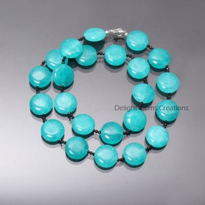 Exclusive sky blue agate with black spinel handmade necklace-2MM faceted spinel beads/15mm smooth coin agate spinel jewelry-Christmas gifts