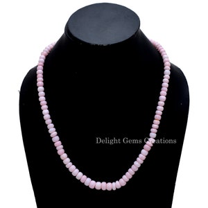 Pink Peruvian Opal Beaded Necklace, 8mm-9mm Pink Opal Smooth Rondelle Beads Necklace, Opal Gemstone Necklace, Silver 19 Inches Necklace