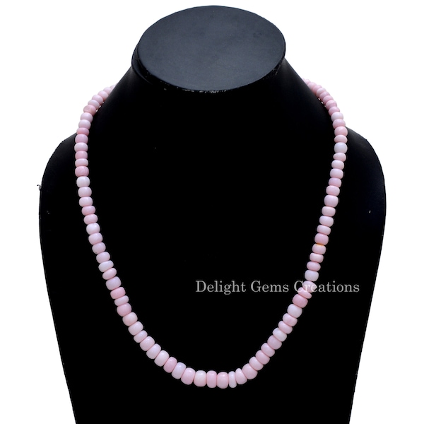 Collier de perles d'opale péruvienne rose, collier de perles de rondelle lisse d'opale rose de 8 mm à 9 mm, collier de pierres précieuses d'opale, collier en argent de 19 pouces
