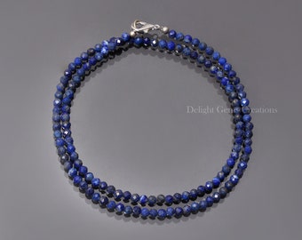 Lapis Lazuli Beaded Necklace, 3.5mm Micro Faceted Round Beads, 18 Inch