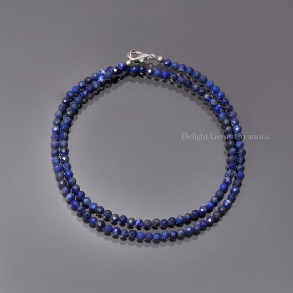 Lapis Lazuli Beaded Necklace, 3.5mm Micro Faceted Round Beads, 18 Inch