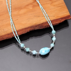 Genuine Dominican Republic larimar Beaded necklace-2MM Faceted Round Smooth Oval Larimar Jewelry-Birthstone Women Jewelry-Charm Necklace