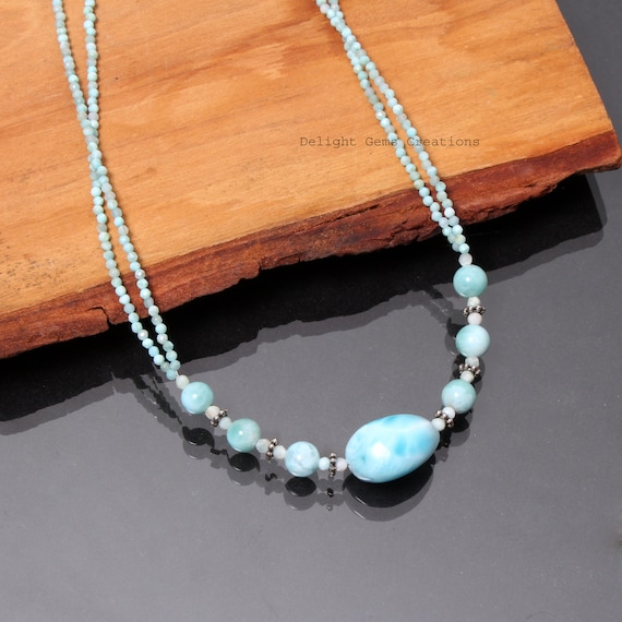 Collier Perles Larimar Et Bois - 8 Mm - République Dominicaine - Neuf Avec étiquettes A Bijoux