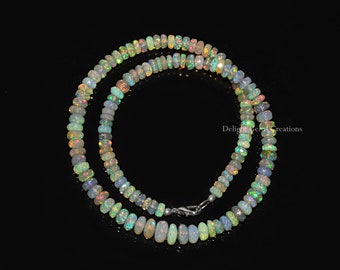 Natural Ethiopian Opal Beaded Necklace, 5.5-.8.5mm Ethiopian Opal Faceted Rondelle Necklace, Rainbow Opal Beads Necklace, Women's, Gift Her