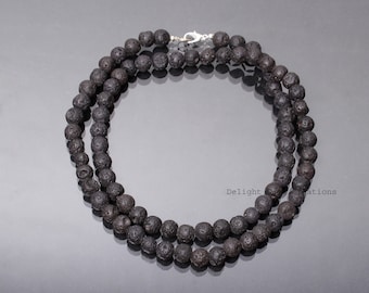 Natural Black Lava Beaded necklace-8mm-8.5mm Round black gemstone necklace-Unisex necklace-Birthstone necklace-925 lobster clasp-Gift Ideas