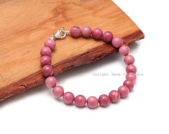 Pulsera de cuentas de rodonita roja natural - Piedra preciosa redonda y lisa de 8 mm - Pulsera delicada - Pulsera elegante - Pulsera del chakra del corazón