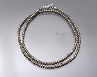 Collier de perles de pyrite dorée naturelle, collier de perles micro-facettes en pyrite de 3 mm, collier de fille délicat pour les fêtes, collier de pyrite 16-36"