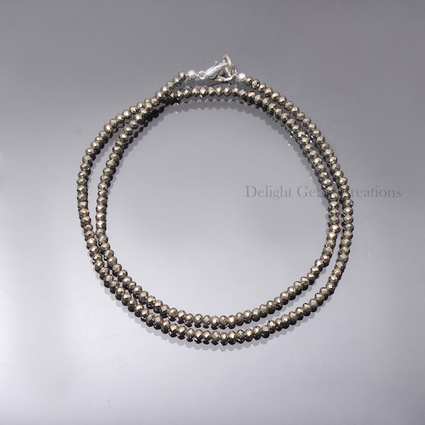 Collier de perles de pyrite dorée naturelle, collier de perles micro-facettes en pyrite de 3 mm, collier de fille délicat pour les fêtes, collier de pyrite 16-36"