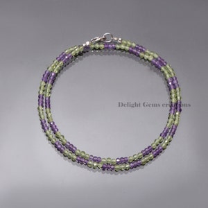 Natural Peridot And Amethyst Bead Necklace, 3mm Faceted Round Beads Necklace, AAA++ Semi Precious Stone Bead Jewelry, Women's, Gift Necklace