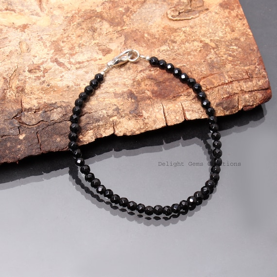Bracciale Regolabile In Argento Con Perline Rondelle Di Spinello Nero Sfaccettato - Gioiello Fatto A Mano (22 Cm, 4 Mm)