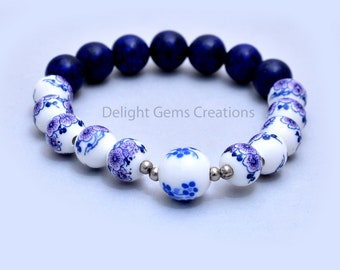 Lapis Lazuli With Porcelain Ceramic Beads Bracelet, Natural Stretch Bracelet, 10-10.5mm Blue White Beads Bracelet, Gemstone Bracelet