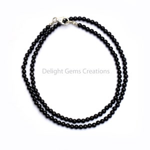 Black Onyx Necklace, Natural Black Onyx Beaded Necklace, 3.5mm Onyx Smooth Round Beads, Black Beads Necklace, Semi Precious 18 Inch Necklace