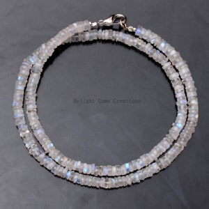 White Rainbow Moonstone Beaded Necklace, 5 mm Moonstone Smooth Round Tyre Beads Necklace, Blue Flashy Moonstone Bead Jewelry, Gift For Her