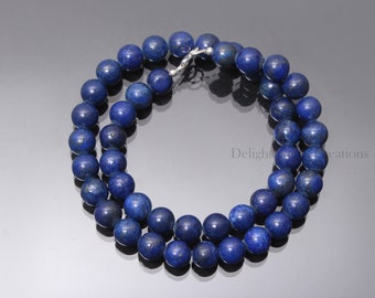 Natural Lapis Lazuli Beaded Necklace 10mm Lapis Lazuli Smooth Round Beads Necklace, Big Navy Blue Bead Necklace,Semi Precious Stone Necklace