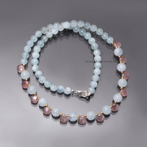 Natural Blue Aquamarine Beaded Necklace, Aquamarine And Strawberry Quartz Gemstone Bead Necklace, March Birthstone Jewelry,Designer Necklace