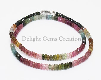 Collier multitourmaline, 4,5 mm-5 mm, tourmaline multicolore naturelle multi-couleurs, collier de perles rondelles facettées, cadeau de fiançailles de pierres semi-précieuses