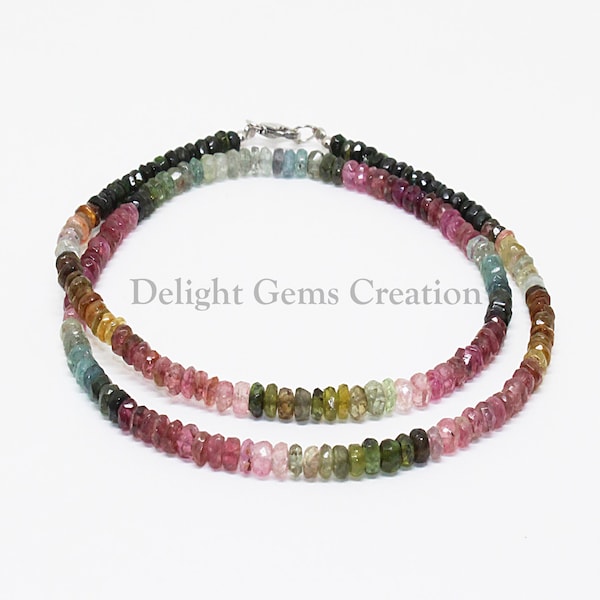 Multi Tourmaline Necklace, 4.5mm-5mm Natural Multi Color Tourmaline Faceted Rondelle Beads Necklace, Semi Precious Gemstone Engagement Gift