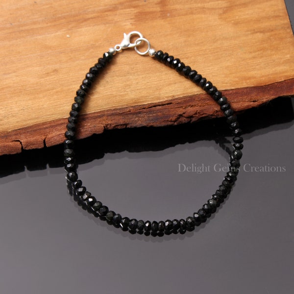 Bracelet de perles de tourmaline noire naturelle 4-4.5mm collier de perles de rondelle à facettes de tourmaline noire, collier de perles de tourmaline noires, cadeau