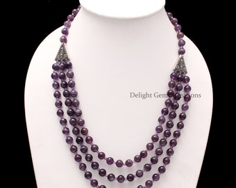 Natural Amethyst Beaded Necklace, Amethyst Multi Layer Necklace, 8mm/3.5mm Purple Amethyst Designer Necklace, Amethyst Handmade Necklace