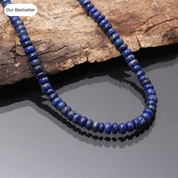 Véritable collier de perles de lapis lazuli bleu foncé-5.5mm-6mm Smooth Rondell Lapis Gemstone Jewelry-925 Lobster Clasp-Women Jewelry-Cadeau pour elle