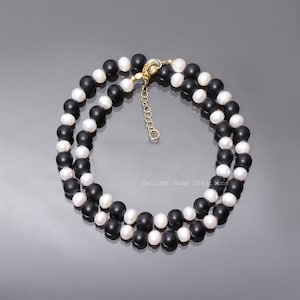 Black Onyx With Pearl Beaded Necklace, 8mm Smooth Round Beads, Semi Precious Stone Necklace, White & Black Combination, 20 Inches Necklace