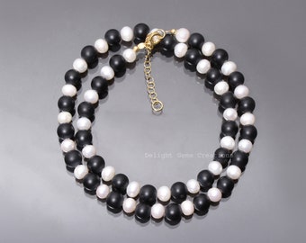 Black Onyx With Pearl Beaded Necklace, 8mm Smooth Round Beads, Semi Precious Stone Necklace, White & Black Combination, 20 Inches Necklace