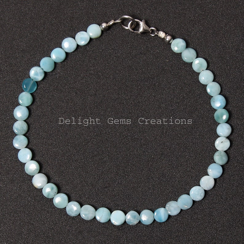 natural larimar bracelet beaded bracelet friendship bracelet dominican republic larimar smooth coin 5mm bead bracelet gemstone bracelet