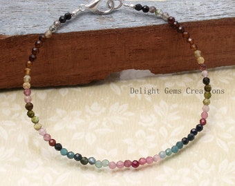 Watermelon Tourmaline Bracelet, 3mm Multi Tourmaline Micro Faceted Round Beads Bracelet, Minimalist Tiny Bracelet, Friendship Bracelet, Gift