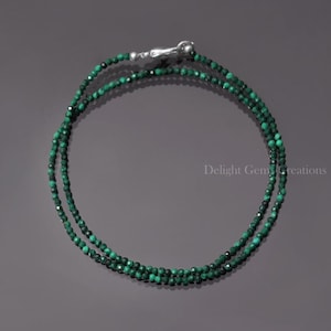 Natural Malachite Beaded Necklace, 2.5mm Malachite Micro Faceted Round Beads Necklace, Malachite Gemstone Jewelry, Minimalist Tiny Necklace