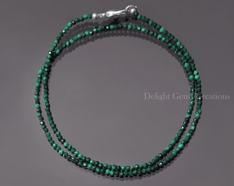 Natural Malachite Beaded Necklace, 2.5mm Malachite Micro Faceted Round Beads Necklace, Malachite Gemstone Jewelry, Minimalist Tiny Necklace