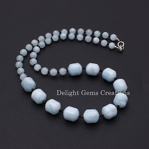 Natural Aquamarine/Black Spinel Beaded Necklace, 2mm/6mm/10x12mm Round/Barrel Beads Necklace, Party Necklace, March Birthstone Jewelry