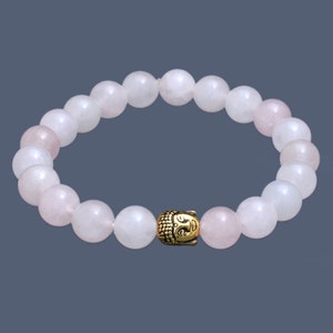 Natural Rose Quartz Smooth Round Beads Bracelet, Rose Quartz Stretch Bracelet, Quartz Buddha Charm Bracelet For Men Women, Birthday Gift