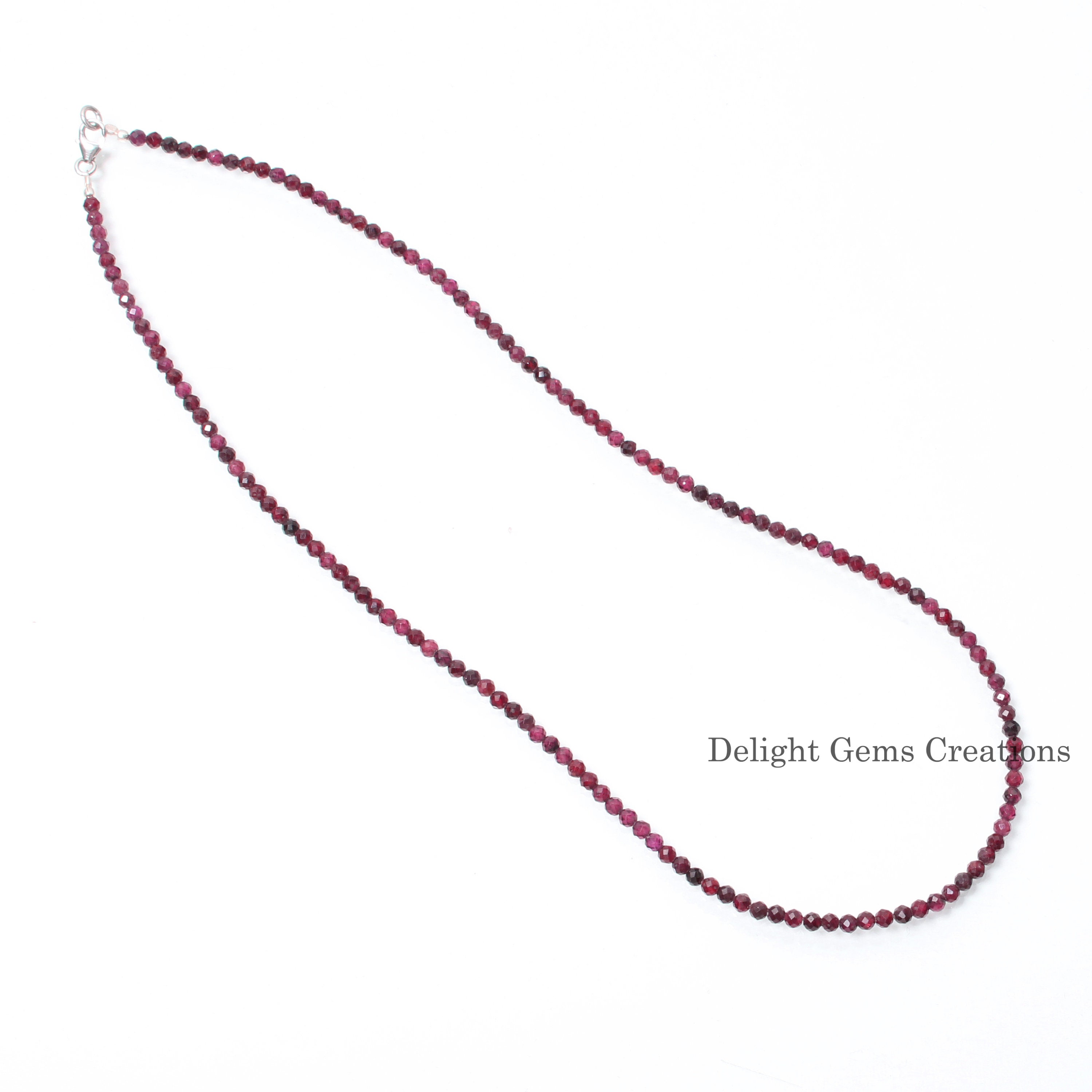 Collier Femme En Grenat Naturel - Perles Rondes à Facettes 3-4mm, Longueur 18", Laiton 925