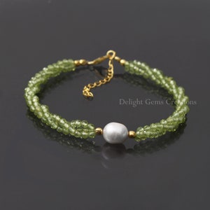 Natural Green peridot With Freshwater pearl beaded bracelet-3mm/ 10x9mm faceted round gemstone bracelet- twisted bracelet-Gift for her