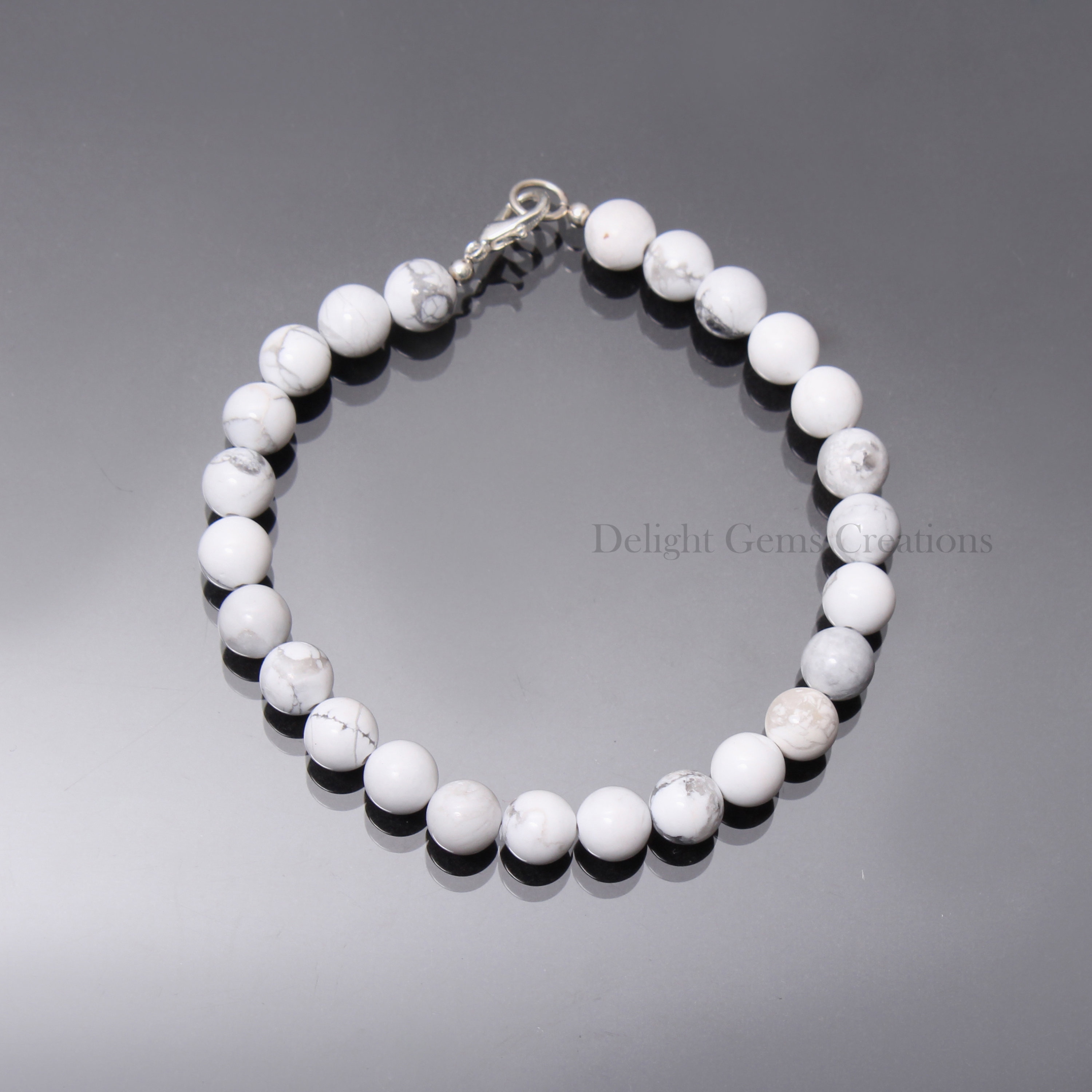 Howlite Beaded Bracelet, 8mm Howlite Natural White Beads Bracelet, Howlite Gemstone Bead Bracelet 18 inch Smooth Round Beads Howlite Jewelry