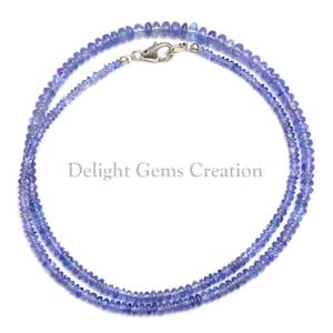 Tanzanite Beaded Necklace, 3-4.5mm Tanzanite Smooth Rondelle Beads Necklace, Genuine Tanzanite Jewelry, Sterling Silver, Necklace For Women