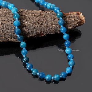 Genuine Blue Apatite Hand Knotted Beaded Necklace, 7.5mm Smooth Round Beads Necklace, Handcrafted Blue Apatite Gemstone Necklace, Gift