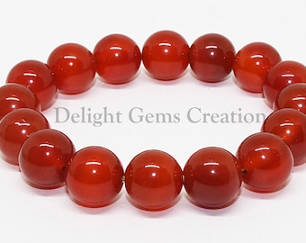 Natural Carnelian Beaded Stretch Bracelet, 12mm Smooth Red Beads