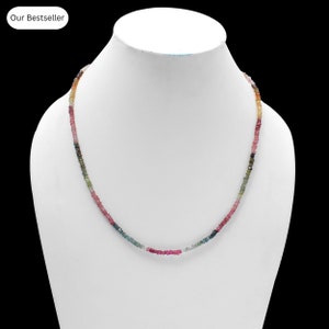 AAA++ Multi Tourmaline Necklace, 3-3.5mm Natural Watermelon Tourmaline Faceted Rondelle Bead Necklace,Semi Precious Gemstone Engagement Gift