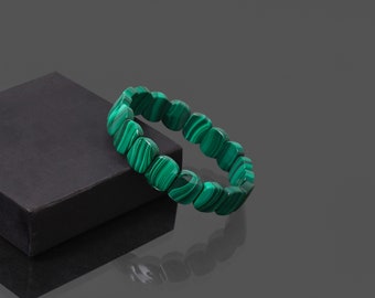 Natural Malachite Gemstone Stretch Bracelet, 11x14 mm Green Malachite Beaded Bracelet, Stretchable Bracelet, Birthday Gift, Anniversary Gift
