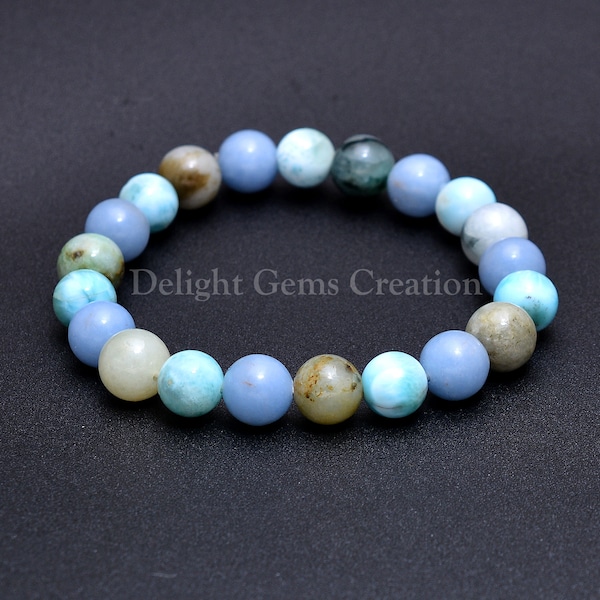 Bracelet perlé angelite-Larimar-Birman Jade Gemstone, bracelet perlé de 8-9 mm Smooth Round Perads Multi Stone, cadeau d’anniversaire, Chakra, Bracelet de yoga