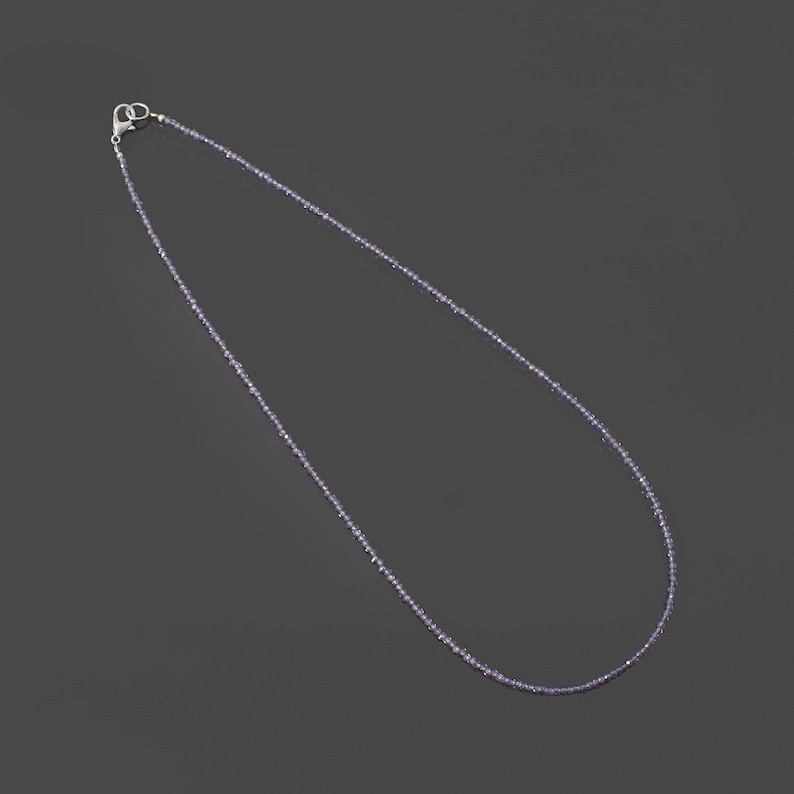 May include: A silver chain necklace with small, light purple beads.
