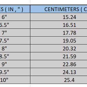 May include: A table showing the conversion between inches and centimeters. The table lists measurements in inches from 6 to 10, with corresponding centimeter measurements.