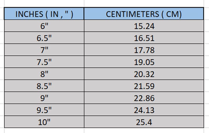 May include: A table showing the conversion between inches and centimeters. The table lists measurements in inches from 6 to 10, with corresponding centimeter measurements.