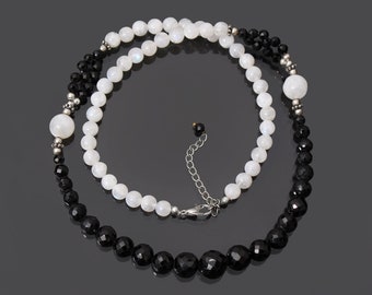 Black Spinel and White Moonstone Bead Necklace, Faceted & Smooth Round Beads Necklace, Gemstone Necklace, Beaded Necklace, Designer Necklace
